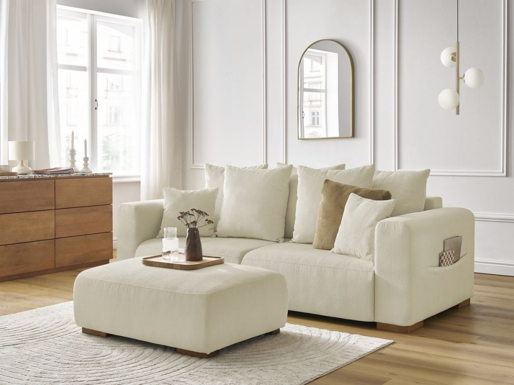 Canape droit fixe 3 places SIDONIE velours cotele avec pouf – Image 2