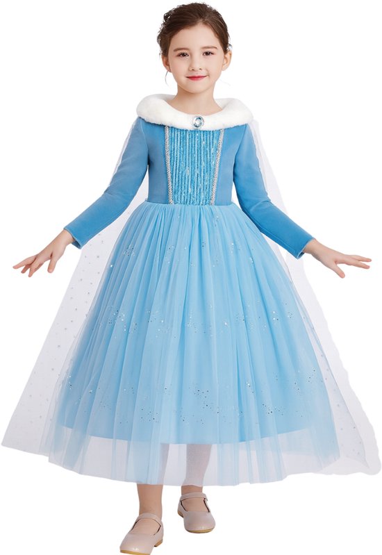 Joya Kids® Robe Elsa Hiver avec Col en Fourrure Blauw | Robe d'hiver Warm Glamour avec traîne | Robe de princesse de Luxe fille | Robe Déguisement | Taille 140