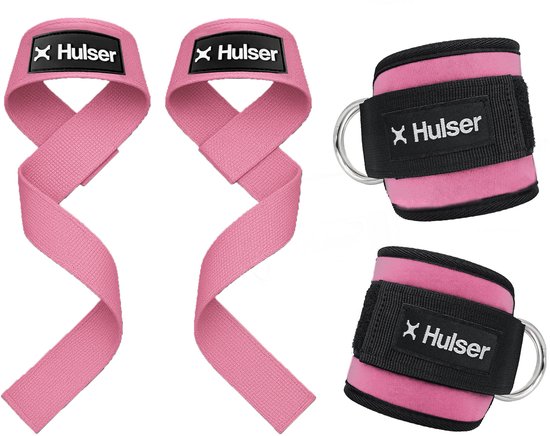 Hulser Sportieve bundel - 2 Ankle strap en 2 Lifting straps - Roze - Enkel straps - Enkelband Cuff - Wrist wraps - Gym Lifting grips - Soft hooks - Krachttraining & Lifting