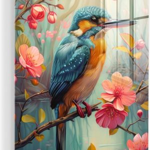 MuchoWow® Peinture sur verre 40×60 cm – Peinture sur verre acrylique – Martin-pêcheur – Fleur – Nature – Vogels – Fleurs – Photo sur verre – Décoration murale salon – Décoration murale chambre – Peintures
