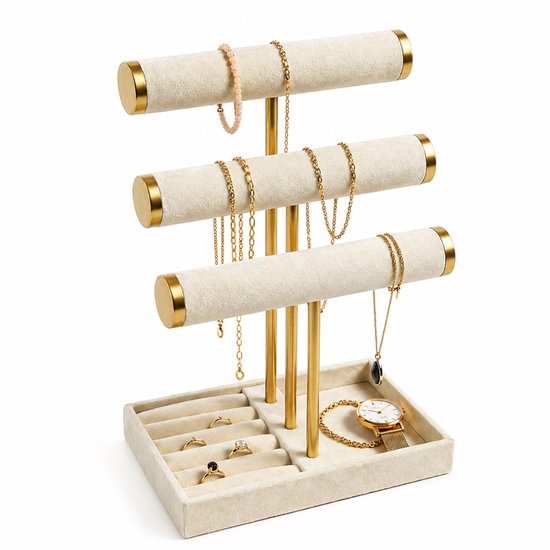 Jaraleesa® Sieradenhouder met 3 niveaus – Sieradenrekje voor Kettingen, Armbanden, Ringen & Horloges – Fluwelen Afwerking – Oorbellenrekje – Goud Jaraleesa® Sieradenhouder met 3 niveaus – Sieradenrekje voor Kettingen, Armbanden, Ringen & Horloges – Fluwelen Afwerking – Oorbellenrekje – Goud