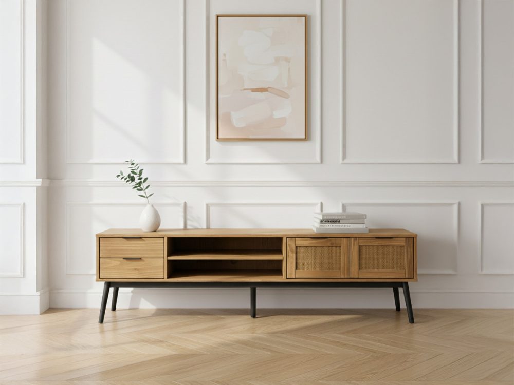 Ensemble ALBI avec buffet 186 cm + meuble TV 180 cm bois massif et rotin – Image 3