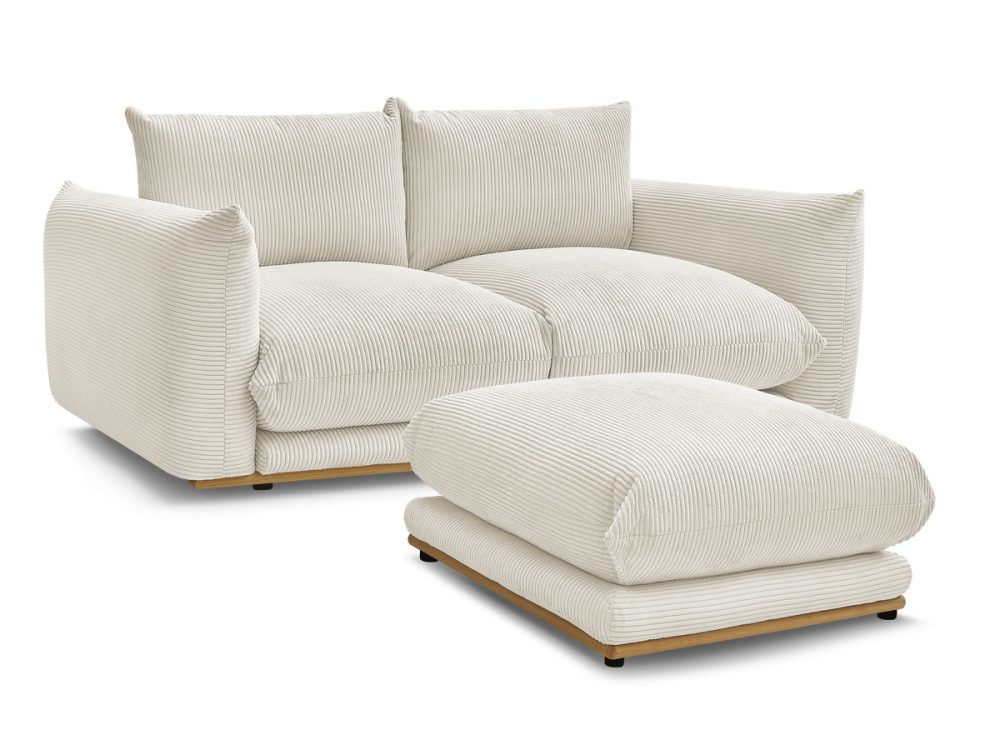Canape droit fixe 2 places ERNEST tissu velours cotele avec pouf