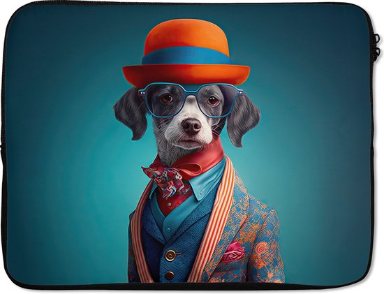 Housse ordinateur 17 pouces - Chien - Veste - Fleurs - Portrait - Blauw - Housse ordinateur - Dimensions intérieures 42,5x30 cm
