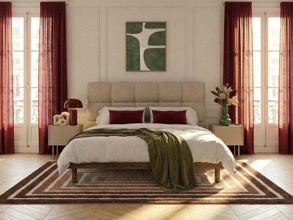 Lit KUMO tissu texture lattes massives pieds en bois naturel – Image 2