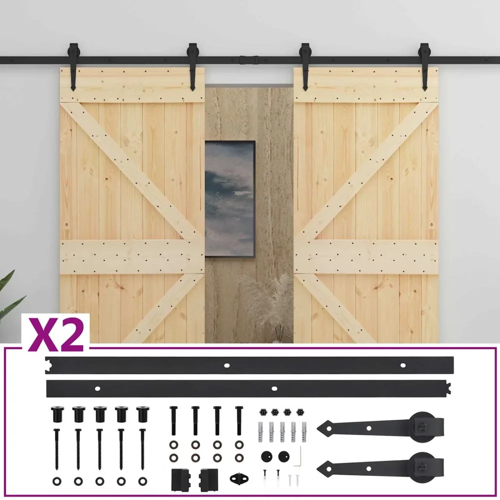 Sliding Door 2 pcs Natural and Black Solid Pine Wood – Image 3