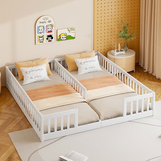 MIVRAY Lit Panneau Enfant 2x 90x200 cm - Lit de Sol Avec Barrière de Sécurité - Sans Sommier à Lattes Et Sans Matelas - Bois de Pin Et MDF - Blanc