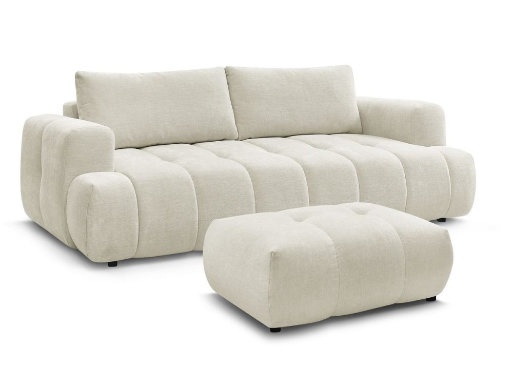 Canape droit convertible 3 places FUJI tissu lisse avec pouf