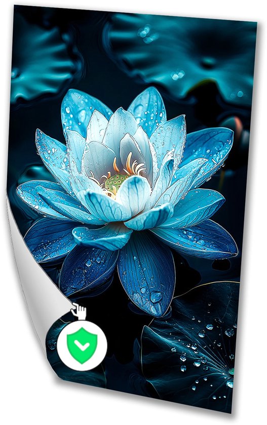 Lotus bleu avec gouttes - Poster Lotus - Décoration murale fleurs - Hyperréalisme - Posters salon - Art mural - poster 50x70 cm