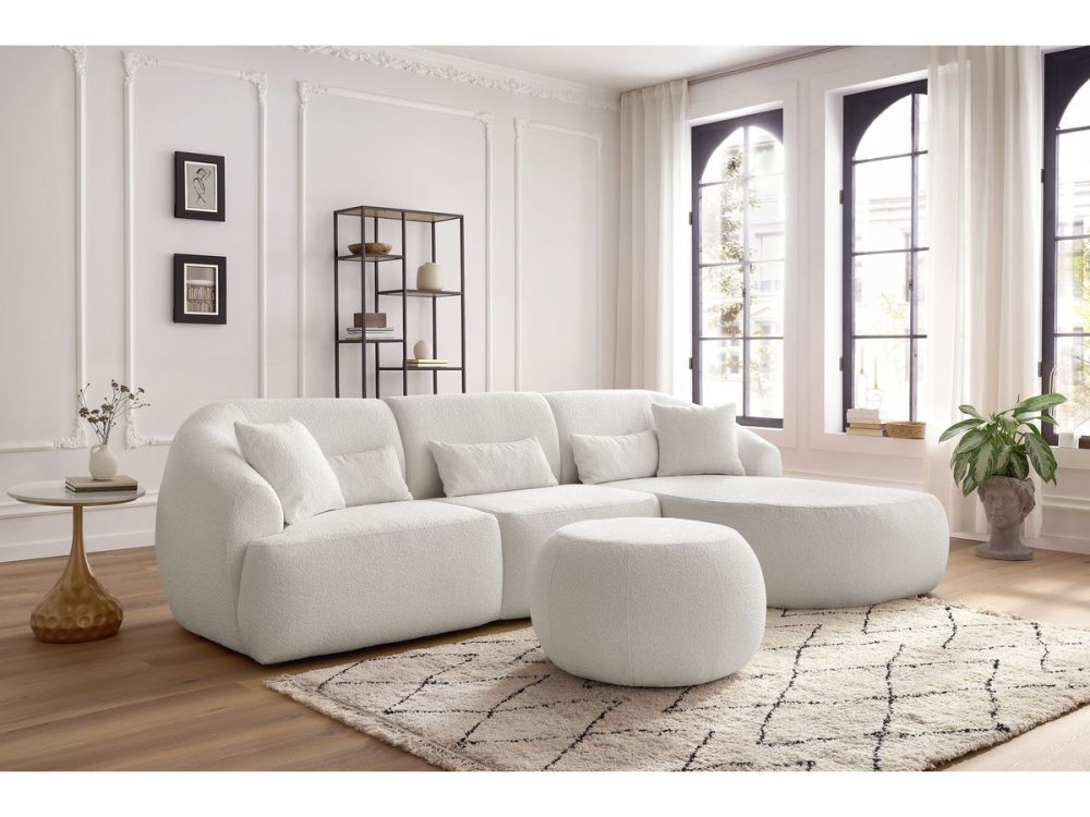 Canape d'angle fixe ALESIA tissu bouclette avec pouf – Image 3