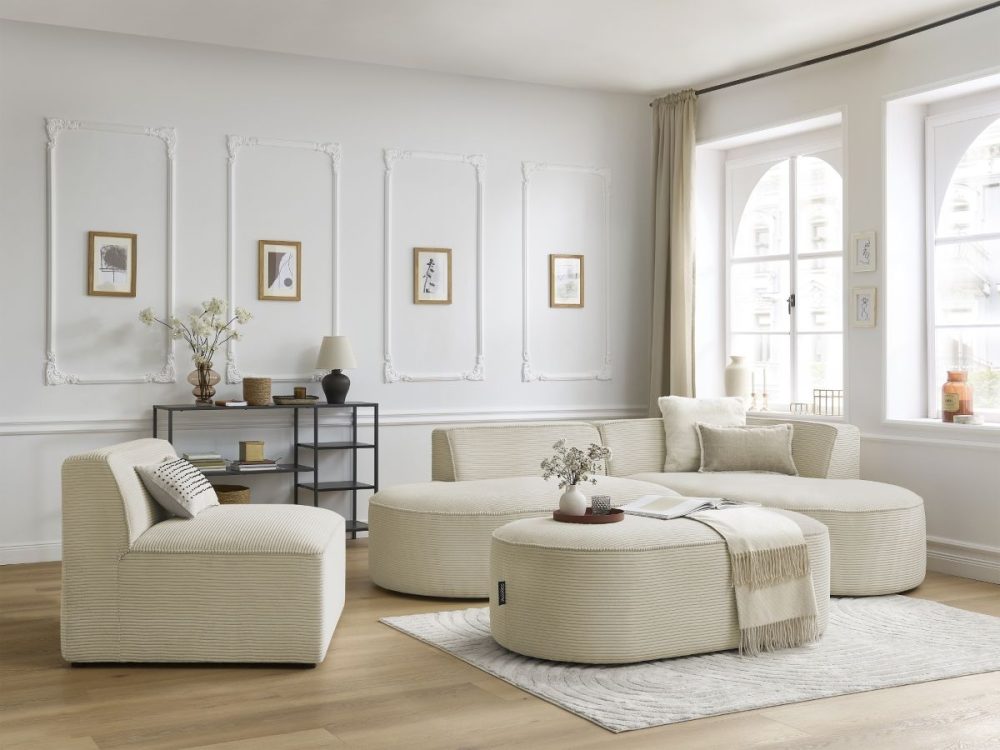 Canape d'angle fixe modulable ROUSSEAU velours cotele avec 1 chauffeuse et 1 pouf – Image 2