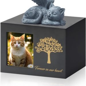 Huisdierenurn – Kattenas – Met lijst – Inclusief hars dierenfiguur en opbergzak – Huisdiergedenkcadeau – Hartverwarmende boodschap – 18 x 12,6 x 12,5 cm – Zwart