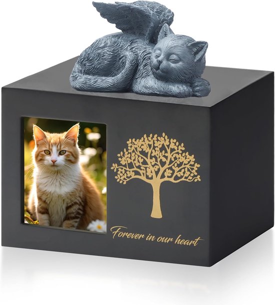 Huisdierenurn - Kattenas - Met lijst - Inclusief hars dierenfiguur en opbergzak - Huisdiergedenkcadeau - Hartverwarmende boodschap - 18 x 12,6 x 12,5 cm - Zwart