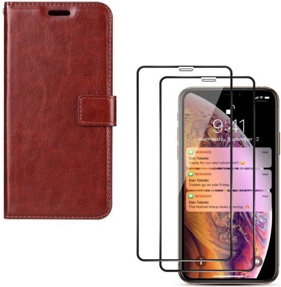 iPhone X / XS - Bookcase Brown - étui portefeuille + 2X Full Cover Tempered Glass écran en verre trempé