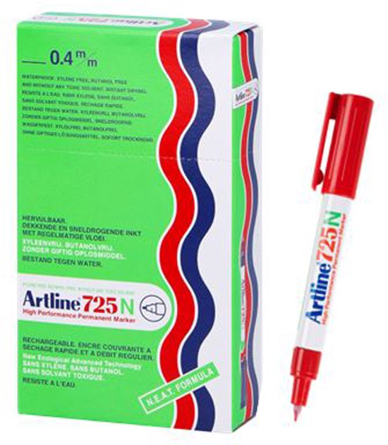 ARTLINE NEAT 725 - Marqueur Permanent - Boîte de 12 pièces - Épaisseur de pointe : 0,4mm - Rouge
