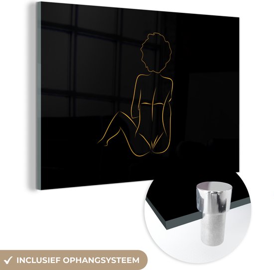 MuchoWow® Peinture sur verre 150x100 cm - Peinture sur verre acrylique - Femme - Noir - Or - Dessin au Line - Photo sur verre - Peintures