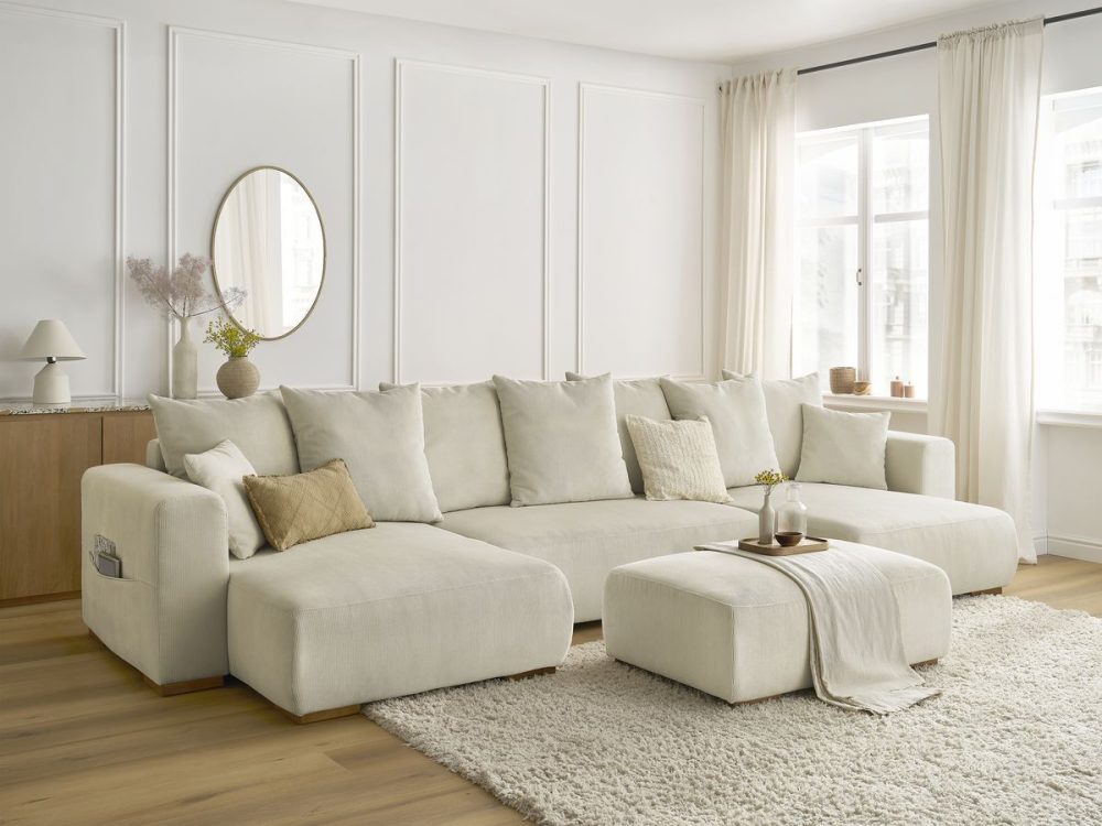 Canape panoramique convertible reversible coffre SIDONIE velours cotele avec pouf – Image 2
