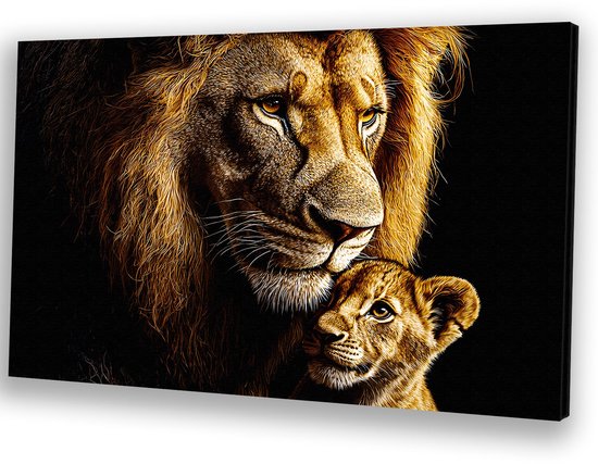 Lion et son lionceau en harmonie - Toile de lion - Œuvre d'art de lion - Hyperréalisme - Décoration d'intérieur - Art - Toile 45x30 cm