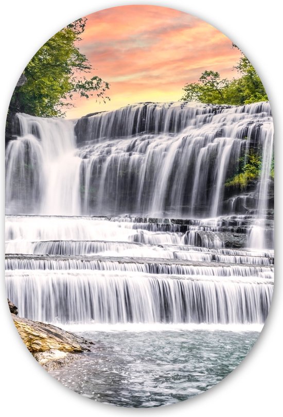 Mur Ovale - Décoration murale Plastique - Tableau Ovale - Cascade - Water - Pierres - Plantes - 80x120 cm - Forme miroir ovale sur plastique