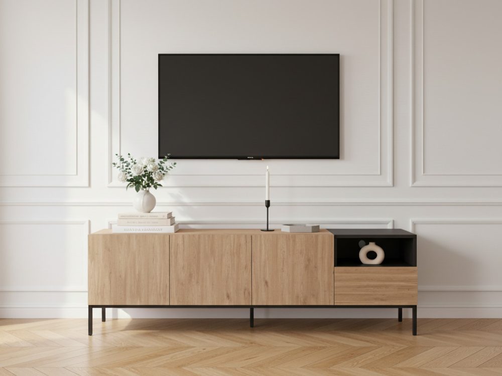 Meuble TV 3 portes 1 tiroir 180 cm CECILIA effet chene – Image 3