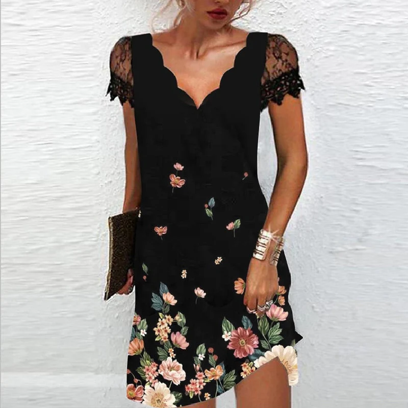Robe imprimée à manches courtes en dentelle à col en V pour femmes