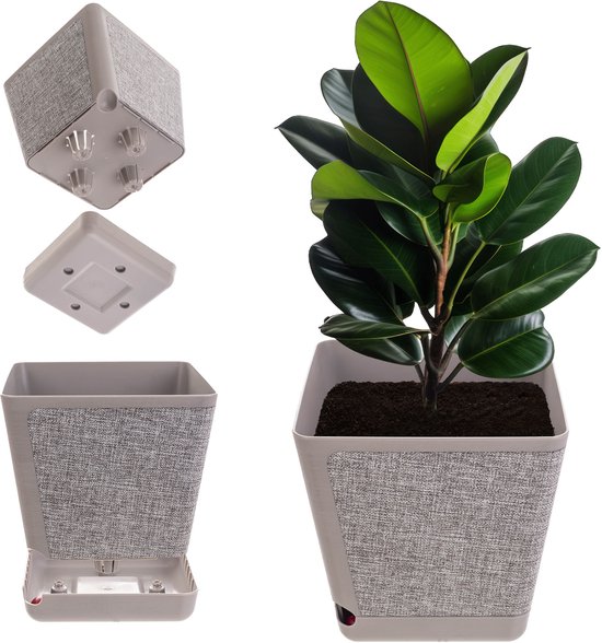 KADAX Pot de fleurs décoratif en plastique, jardinière rectangulaire avec système d'irrigation, pot de fleurs avec arrosage automatique et réservoir d'eau, marron chiné, 30 cm