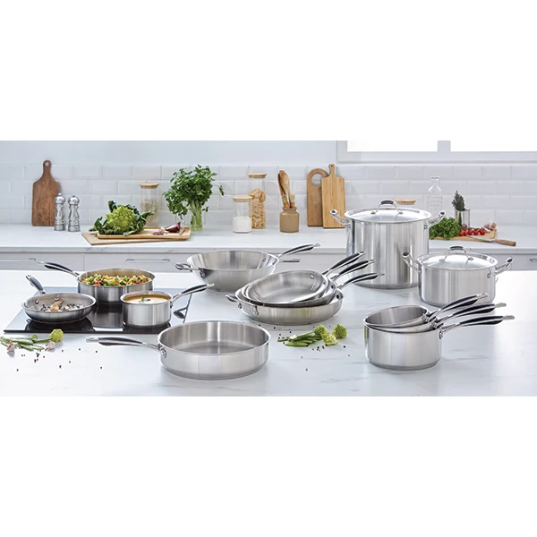Lot 3 casseroles 16, 18 et 20 cm et 3 poêles 20, 24 et 28 cm tout inox Excell’Inox Mathon – Image 2