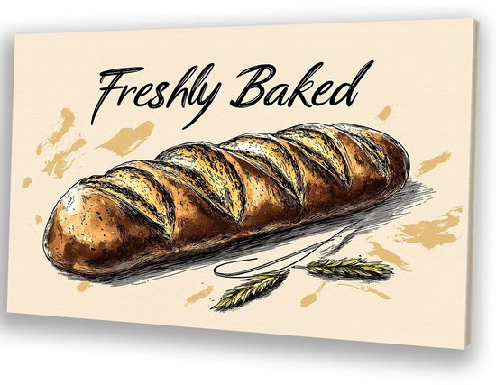 Illustration de baguette fraîchement cuite - Peinture de pain sur toile - Œuvre d'art de baguette - Dessin au trait - Décoration murale classique - Toile de cuisine - Toile 150x100 cm