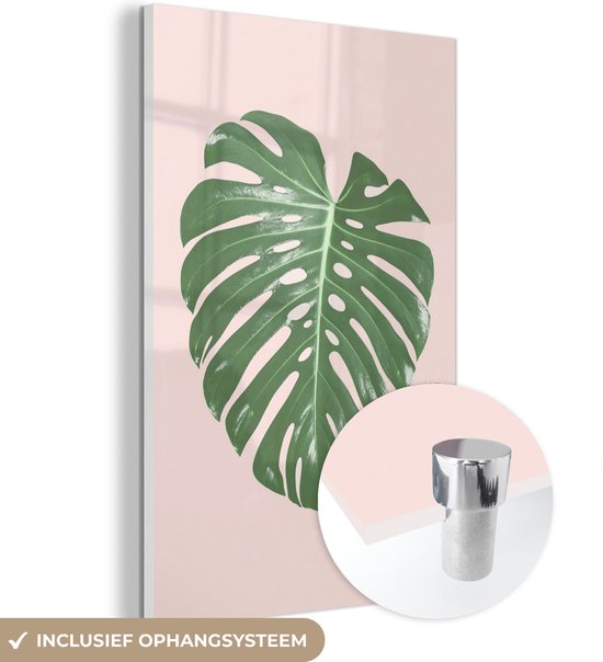 MuchoWow® Peinture sur verre 20x30 cm - Peinture sur verre acrylique - Plante - Vert - Rose - Nature - Feuille - Photo sur verre - Peintures