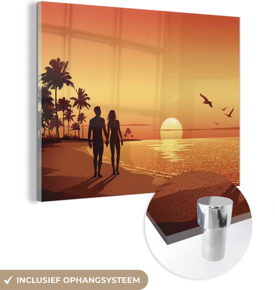 MuchoWow® Peinture sur Verre - Une Illustration du Coucher de Soleil et d'un Ciel Orange - 120x90 cm - Peintures sur Verre Acrylique - Photo sur Glas