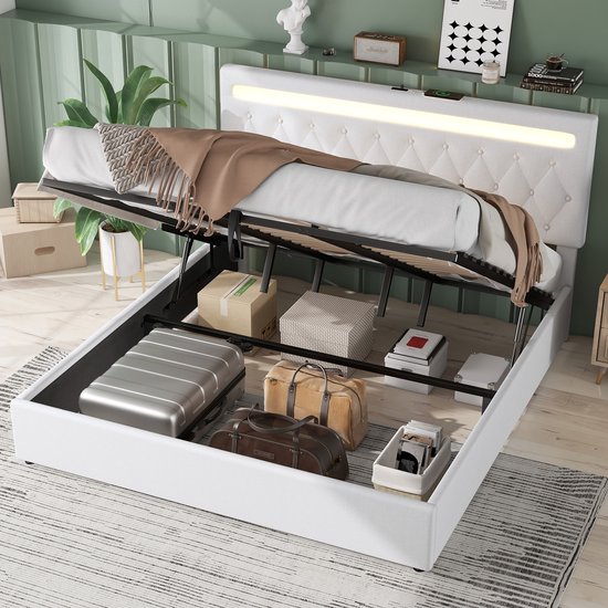 Lit double Sweiko 180*200 cm, Lit plat, Lit rembourré, Éclairage d'ambiance sur le lit, Télécommande 24 touches, Lit relevable et abaissé, Connexion USB et C sur le lit, Grand espace de rangement, Wit