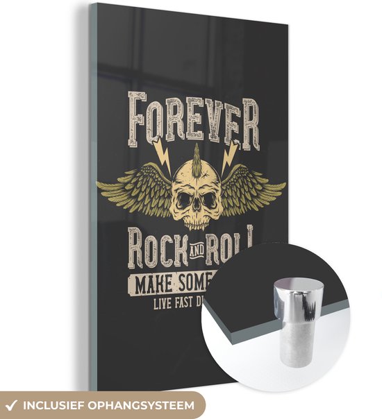 MuchoWow® Peinture sur verre 20x30 cm - Peinture sur verre acrylique - Vintage - Dictons - Citations - 'Forever rock and roll make some noise live fast die young' - Photo sur verre - Peintures