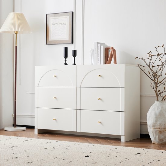 MIVRAY Commode - Design Classique Romantique Avec 6 Tiroirs - Rangement Pour Salon Et Chambre - Panneaux De Particules - 120x40x82 Cm - Blanc