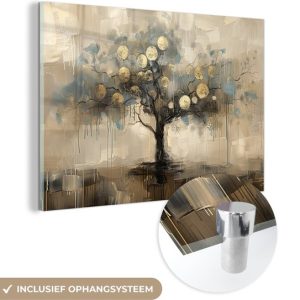 MuchoWow® Peinture sur verre 120×80 cm – Peinture sur verre acrylique – Beige – Abstrait – Arbre – Or – Photo sur verre – Décoration murale salon – Décoration murale chambre – Peintures