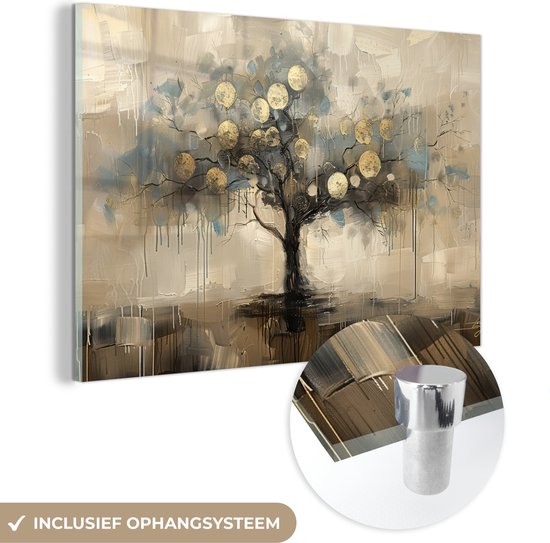MuchoWow® Peinture sur verre 120x80 cm - Peinture sur verre acrylique - Beige - Abstrait - Arbre - Or - Photo sur verre - Décoration murale salon - Décoration murale chambre - Peintures