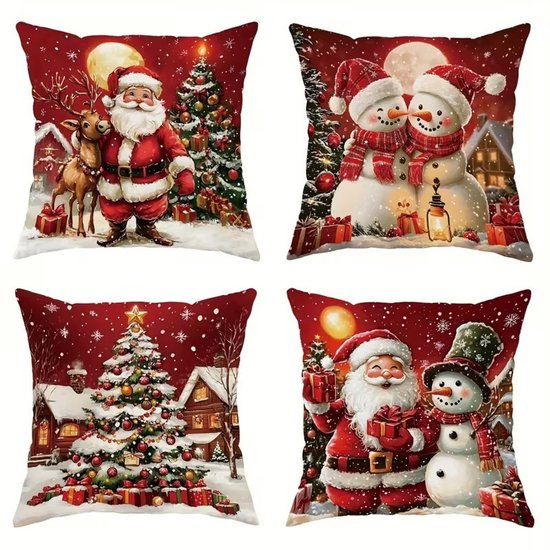 Housses de coussin de Noël K&R Ventures® – Set de 4 – Taies d'oreiller en velours 45 x 45 cm – Rouge et Wit – Père Noël, renne, sapin et bonhomme de neige – Décoration de Noël douce pour canapé, salon et chambre (sans coussin d’appoint)