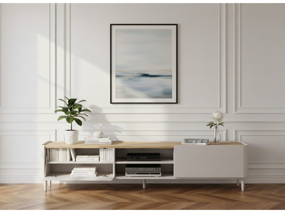 Meuble TV 1 porte 1 tiroir 220 cm ANYRA pieds en bois massif – Image 3