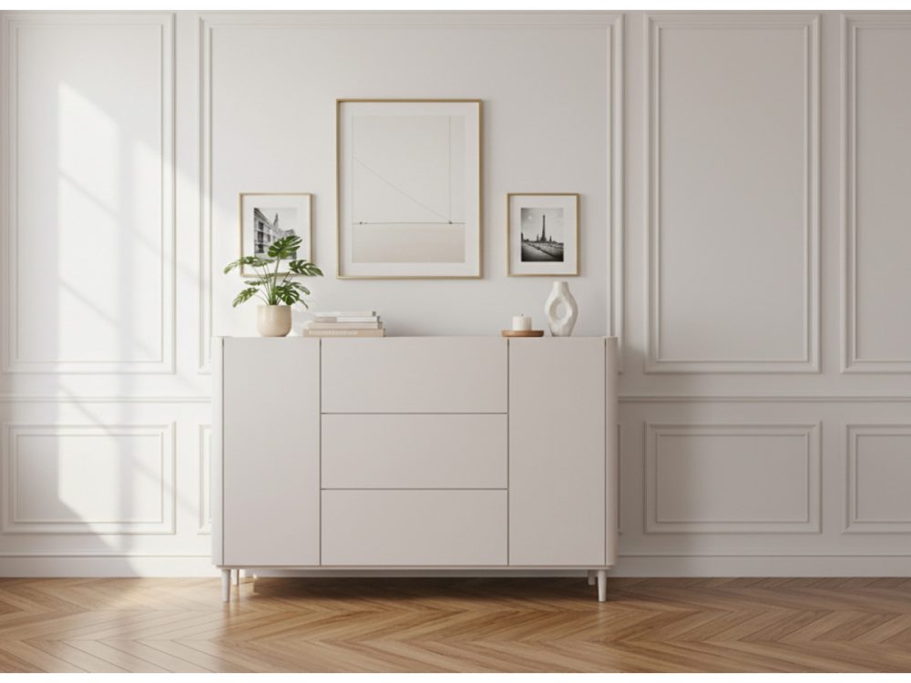 Buffet 2 portes 3 tiroirs 150 cm ANYRA pieds en bois massif – Image 2