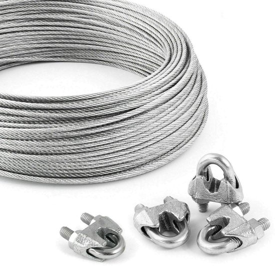 Jeu de câbles en acier DQ- PP 1, 8 mm 6 x 19, moyennement souple, 50 mètres, acier galvanisé, 4 Clips de câble et supports 8 mm, câble en acier pour câble d'aide à l'escalade, câble forestier