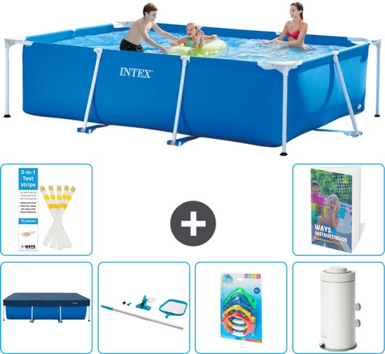 Intex Piscine à cadre rectangulaire - 300 x 200 x 75 cm - Bleu - Avec bâche - Kit de nettoyage - Jouets - Pompe de filtration de piscine - 7 pièces