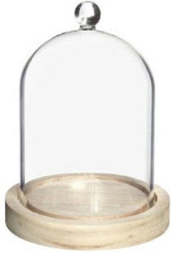 Ideas4Seasons Décoration cloche avec bouton - petite - plateforme en bois - D12 x H15 cm - cloches de présentation