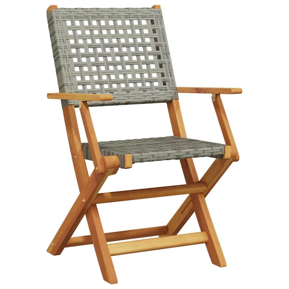 Folding Garden Chairs 8 pcs Grey Poly Rattan and Solid Wood – Image 3