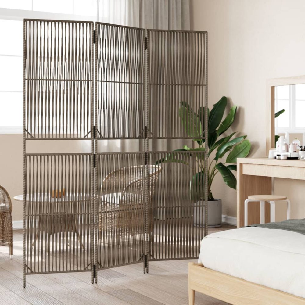Room Divider 3 Panels Grey Poly Rattan – Image 3