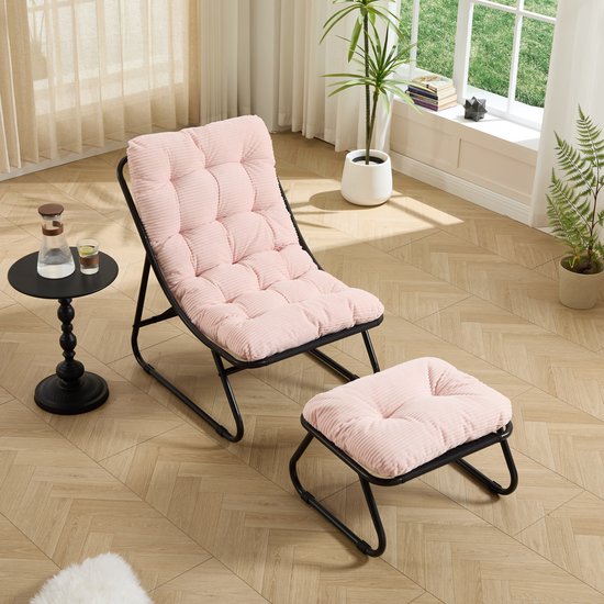 MODENUIT Fauteuil de salon 65x78x86 cm - Avec repose-pieds et coussin - Pour salon, chambre et extérieur - Acier Rose