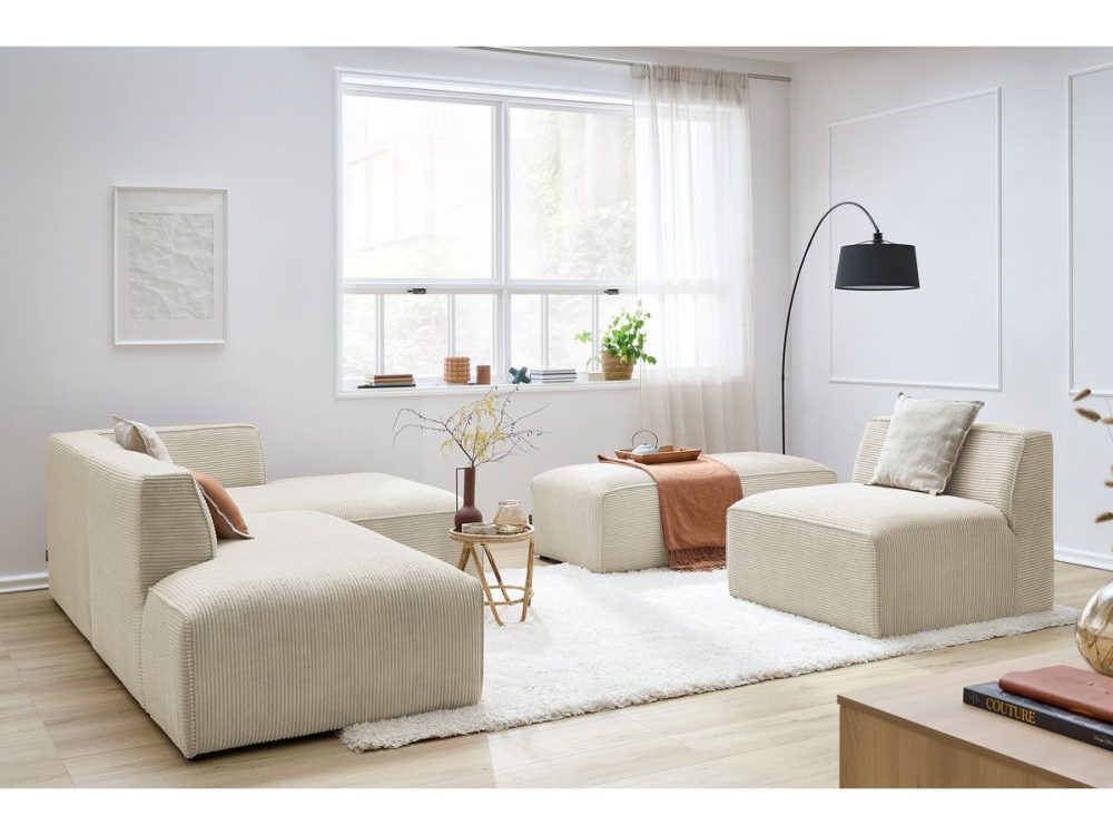 Canape d'angle fixe modulable MEGEVE tissu velours cotele avec 1 chauffeuse et 1 pouf – Image 2