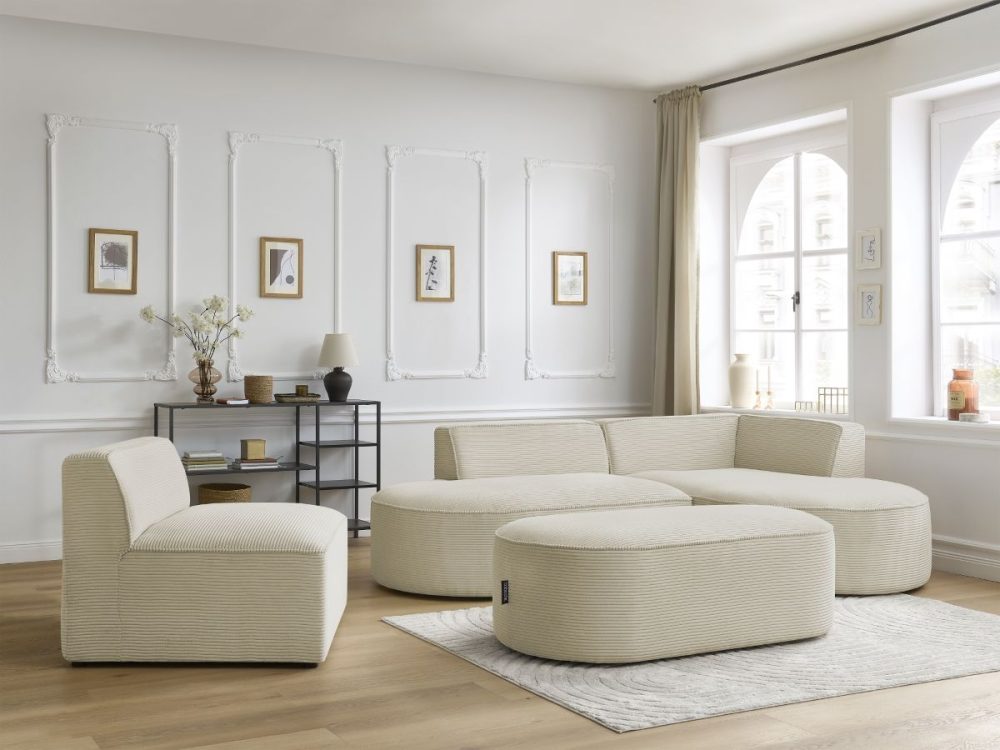 Canape d'angle fixe modulable ROUSSEAU velours cotele avec 1 chauffeuse et 1 pouf – Image 3