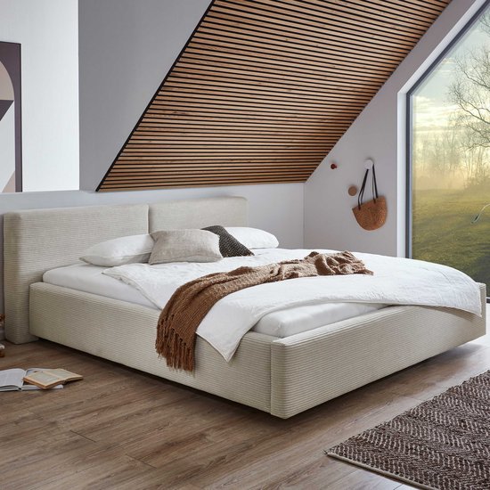 Lit double Kubrik 180x200cm velours côtelé - beige - Meise - Lits doubles rembourrés - Beige - Textile - Lits doubles rembourrés