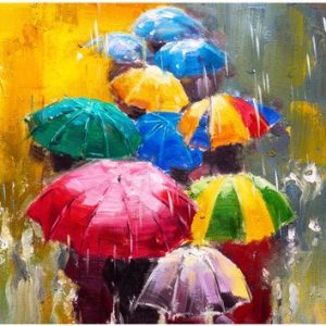 Painting King – Tableau sur toile Abstraction et personnages avec Parapluies – 90 x 60 cm