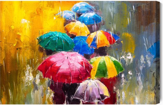 Painting King - Tableau sur toile Abstraction et personnages avec Parapluies - 90 x 60 cm