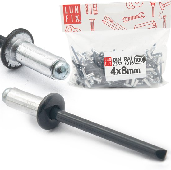 LUN FIX - Rivets aveugles en aluminium - 4 x 8 mm - 100 pièces - Acier - Norme industrielle DIN7337